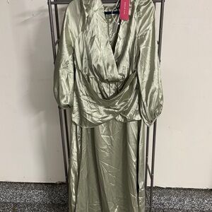 SHEIN Sage Green Satin Drape Long Sleeve Maxi Dress